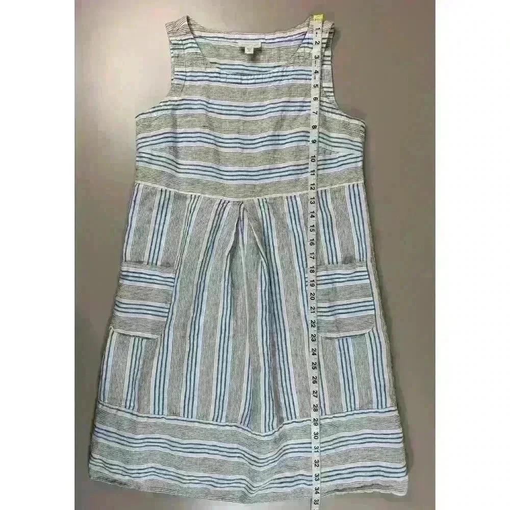 J Jill Love Linen Dress XSmall Petite Sleeveless Pockets Stripe White Blue ALine - Picture 10 of 12